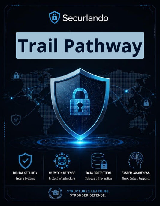 A digital promotional graphic for Securlando Trail Pathway, featuring a glowing blue digital shield with a padlock icon on a dark navy background with world map graphics and cybersecurity-themed icons.