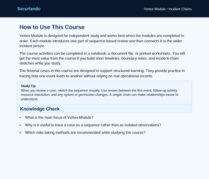 A screenshot of a digital study guide page titled 'How to Use This Course' under the brand 'Securlando', featuring text sections and a 'Knowledge Check' with bullet points on a white background with a dark blue header.