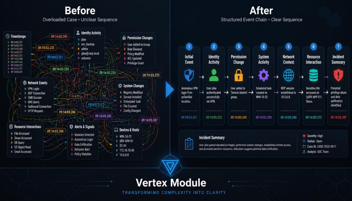 A dark promotional graphic comparing a before-and-after workflow visualization. The left side, labeled 'Before,' shows a complex network of connected nodes and labels such as 'Transfers,' 'Identify Activity,' 'Permission Changes,' and 'Network Events.