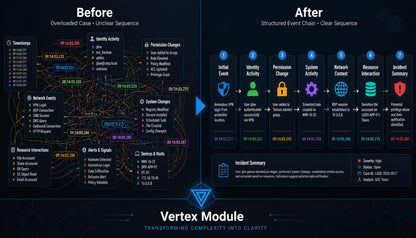 A dark promotional graphic comparing a before-and-after workflow visualization. The left side, labeled 'Before,' shows a complex network of connected nodes and labels such as 'Transfers,' 'Identify Activity,' 'Permission Changes,' and 'Network Events.