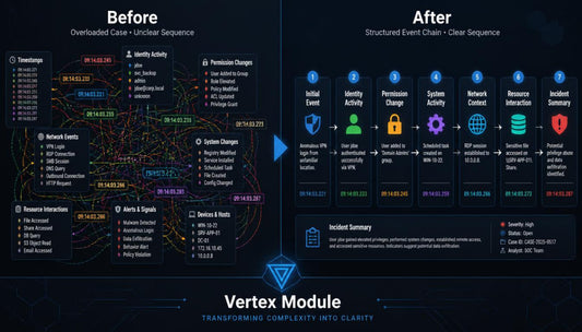 A dark promotional graphic comparing a before-and-after workflow visualization. The left side, labeled 'Before,' shows a complex network of connected nodes and labels such as 'Transfers,' 'Identify Activity,' 'Permission Changes,' and 'Network Events.