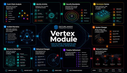 A dark-themed infographic titled 'Vertex Module' by Securlando, showing a central hub with surrounding process panels for security and compliance analysis steps like event chain analysis, identity activity, security boundaries, permission review, and system changes.