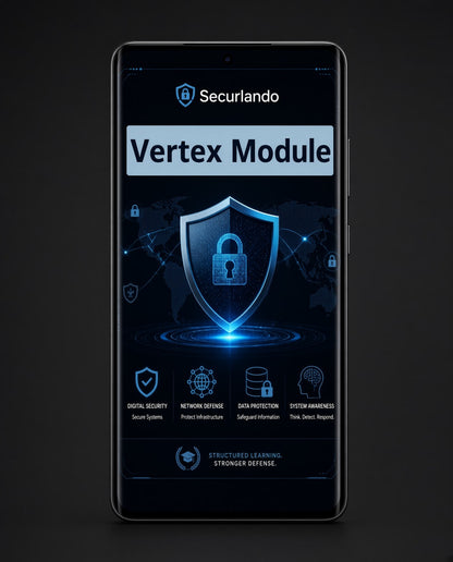 A black smartphone centered on a dark background, displaying a digital interface for 'Securlando Vertex Module' with blue security-themed graphics, a large padlock icon, and small feature icons for digital security, network defense, data protection, system warned, and structured learning.