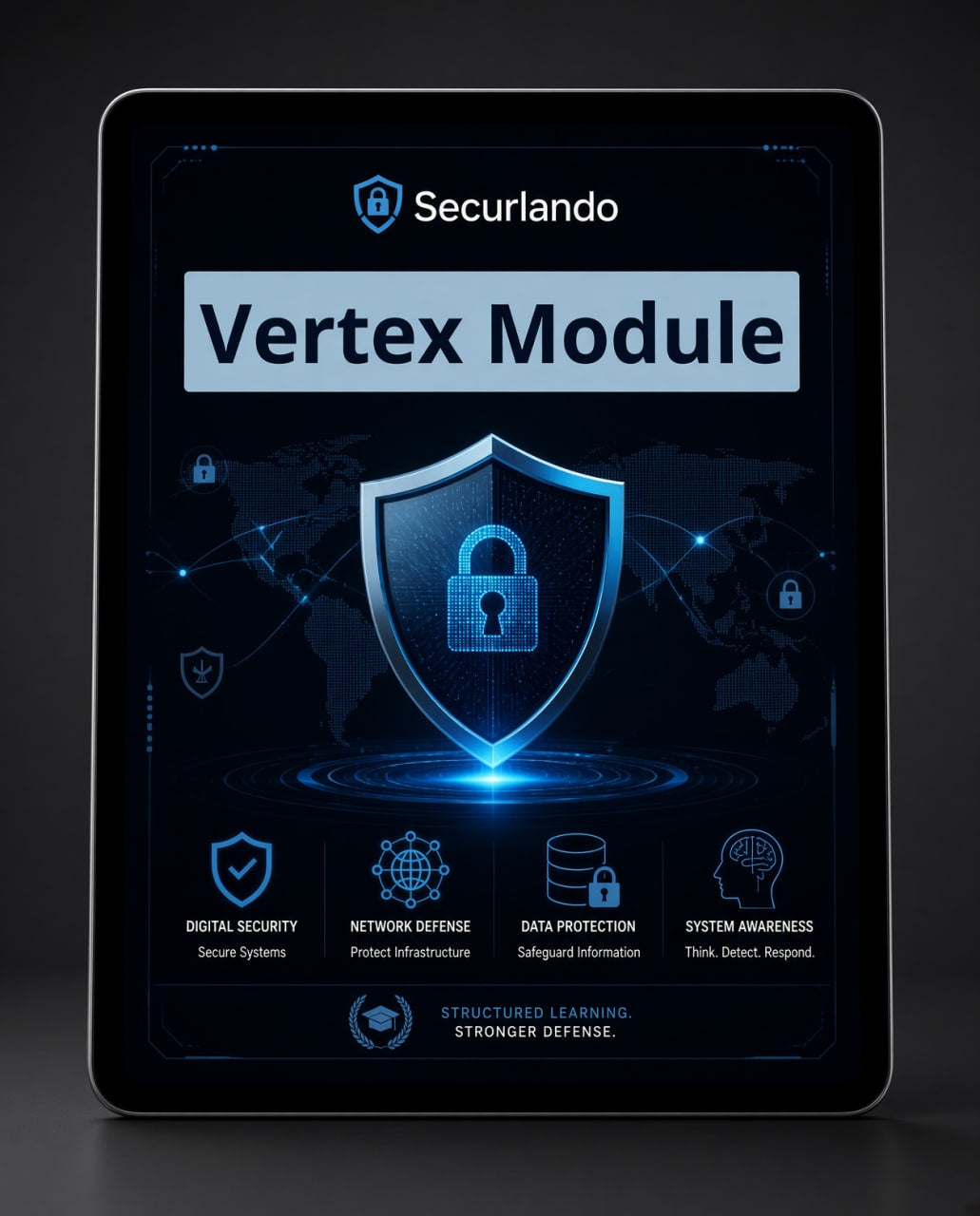 A tablet device displaying the Securlando Vertex Module cover graphic, featuring a blue and black cybersecurity design with a large shield icon and text on the screen.