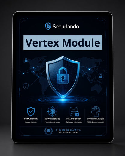 A tablet device displaying the Securlando Vertex Module cover graphic, featuring a blue and black cybersecurity design with a large shield icon and text on the screen.