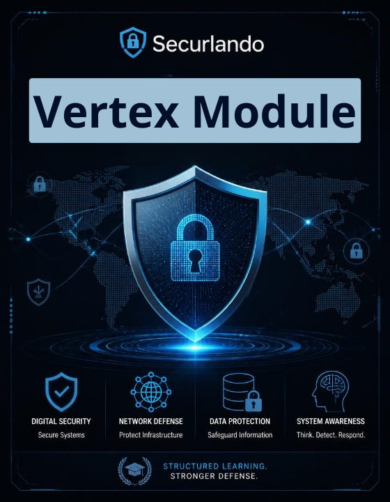 Promotional graphic for the Securlando Vertex Module, featuring a glowing blue digital shield with a padlock icon on a dark navy background with world map lines and feature icons for digital security, network defense, data protection, and system awareness.