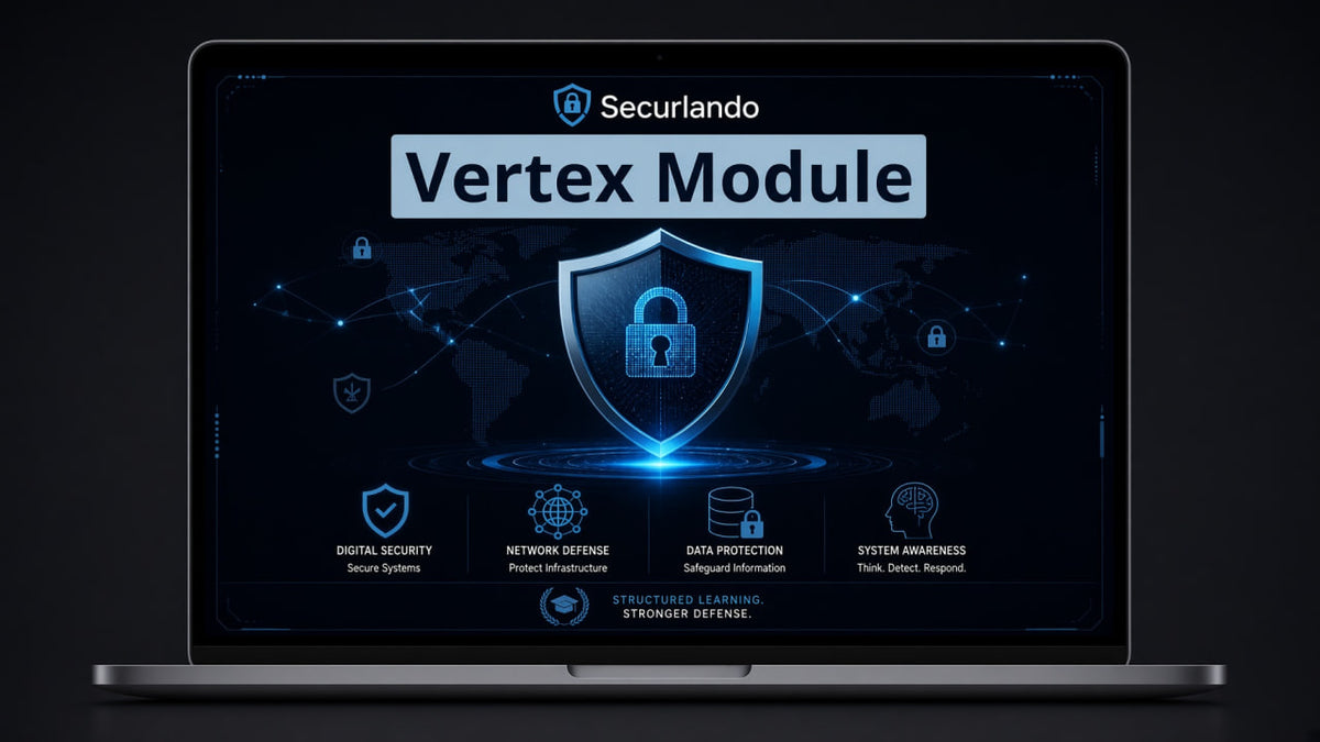 A laptop on a dark background displaying a digital presentation about the Securlando Vertex Module, featuring a blue shield and lock graphic with icons for digital security, network defense, data protection, and system awareness.